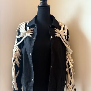 Black Jean Jacket with Dramatic Fringe Detailing